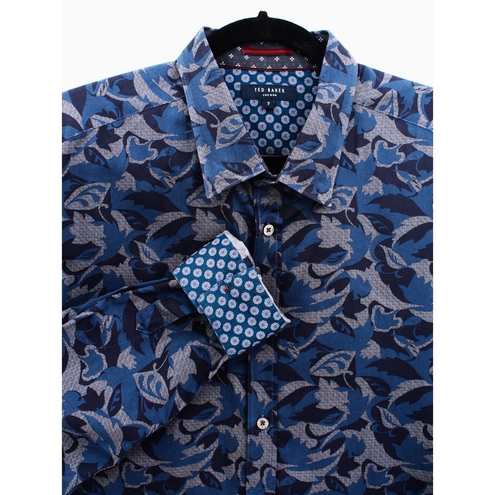 Ted Baker London Jamtree Shirt Men Size 7 Blue Leaf Print Long Sleeve Button Up